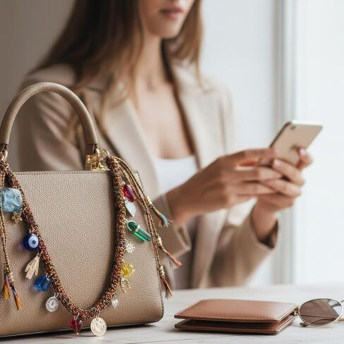 Boho Evil Eye Bag Charm - Colorful Braided Rope Purse Chain with Hamsa Hand & Heart Pendants - Lucky Protection Keychain Accessories for Handbags Backpacks (Multicolor) in Kuwait