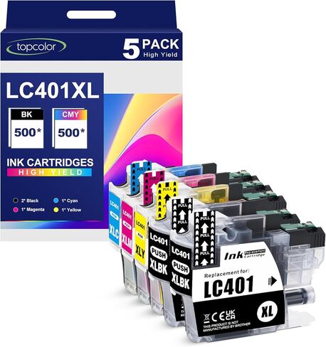 LC401XL LC401 XL Ink Cartridges Non-OEM Compatible for Brother 401XL LC-401 High Yield Ink Cartridges Work with MFC-J1010DW MFC-J1170DW MFC-J1012DW MFC-J1800DW (5 Packs, 2Black Cyan Magenta Yellow) in Kuwait