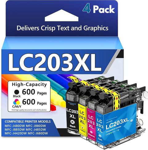 خراطيش حبر LC203XL بديلة لطابعة Brother LC203XL LC201XL LC203 LC201 تعمل مع طابعة MFC-J480DW MFC-J880DW MFC-J4420DW MFC-J680DW MFC-J885DW (4 عبوات، أسود سماوي أرجواني أصفر) in Kuwait