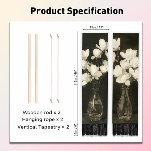 PLIGREAT 2 Pack Vintage Vase Vertical Tapestry with Tassels White Flowers Aesthetic Wall Hanging for Bedroom Living Room Home Decor Long Narrow Art Tapestry, 52" x 13" in Saudi Arabia