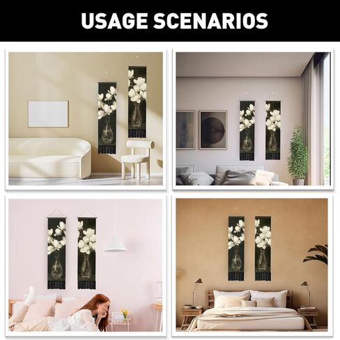 PLIGREAT 2 Pack Vintage Vase Vertical Tapestry with Tassels White Flowers Aesthetic Wall Hanging for Bedroom Living Room Home Decor Long Narrow Art Tapestry, 52" x 13" in Saudi Arabia