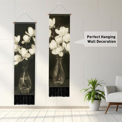 PLIGREAT 2 Pack Vintage Vase Vertical Tapestry with Tassels White Flowers Aesthetic Wall Hanging for Bedroom Living Room Home Decor Long Narrow Art Tapestry, 52" x 13" in Saudi Arabia