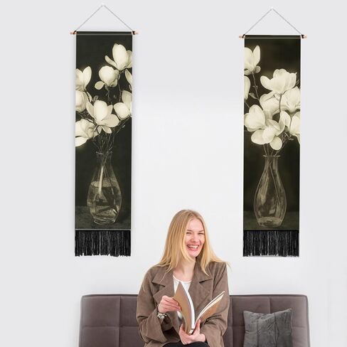PLIGREAT 2 Pack Vintage Vase Vertical Tapestry with Tassels White Flowers Aesthetic Wall Hanging for Bedroom Living Room Home Decor Long Narrow Art Tapestry, 52" x 13" in Saudi Arabia
