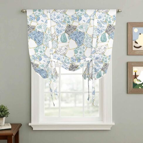 Blue White Porcelain Tie Up Curtains for Window, Traditional Oriental Chinese Art Thermal Insulated Balloon Shade Adjustable Rod Pocket Curtains Valance Panels for Kitchen Bathroom Café 34'' x 45'' in Saudi Arabia
