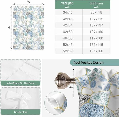 Blue White Porcelain Tie Up Curtains for Window, Traditional Oriental Chinese Art Thermal Insulated Balloon Shade Adjustable Rod Pocket Curtains Valance Panels for Kitchen Bathroom Café 34'' x 45'' in Saudi Arabia