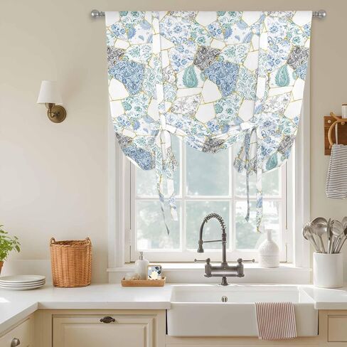 Blue White Porcelain Tie Up Curtains for Window, Traditional Oriental Chinese Art Thermal Insulated Balloon Shade Adjustable Rod Pocket Curtains Valance Panels for Kitchen Bathroom Café 34'' x 45'' in Saudi Arabia