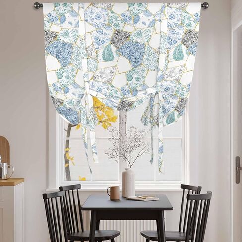 Blue White Porcelain Tie Up Curtains for Window, Traditional Oriental Chinese Art Thermal Insulated Balloon Shade Adjustable Rod Pocket Curtains Valance Panels for Kitchen Bathroom Café 34'' x 45'' in Saudi Arabia