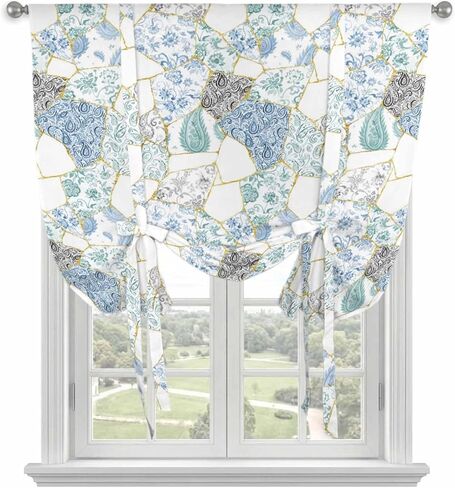 Blue White Porcelain Tie Up Curtains for Window, Traditional Oriental Chinese Art Thermal Insulated Balloon Shade Adjustable Rod Pocket Curtains Valance Panels for Kitchen Bathroom Café 34'' x 45'' in Saudi Arabia