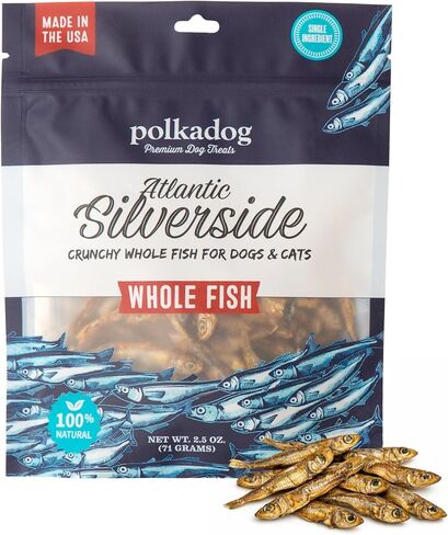 بولكادوج أتلانتيك سيلفرسايد يعامل الأسماك الكاملة للكلاب - علاجات طبيعية للكلاب والحيوانات الأليفة والقطط - وجبات خفيفة مقرمشة للحيوانات الأليفة مكونة من مكون واحد، يعامل التدريب - الأسماك البرية - 2.5 أوقية. in Kuwait
