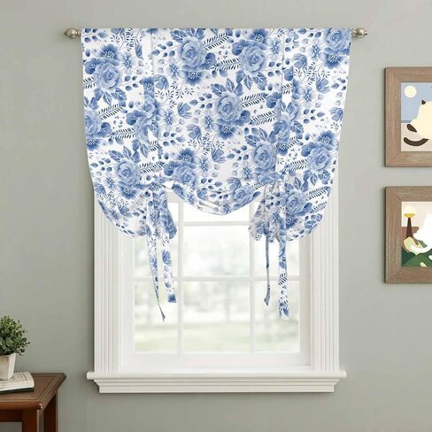 Blue Flower Tie Up Curtains for Window, Botanical Farmhouse Watercolor Floral Plant Thermal Insulated Balloon Shade Adjustable Rod Pocket Curtains Valance Panels for Kitchen Bathroom Café 34'' x 45'' in Saudi Arabia