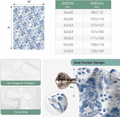 Blue Flower Tie Up Curtains for Window, Botanical Farmhouse Watercolor Floral Plant Thermal Insulated Balloon Shade Adjustable Rod Pocket Curtains Valance Panels for Kitchen Bathroom Café 34'' x 45'' in Saudi Arabia