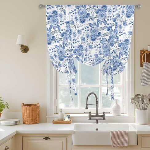 Blue Flower Tie Up Curtains for Window, Botanical Farmhouse Watercolor Floral Plant Thermal Insulated Balloon Shade Adjustable Rod Pocket Curtains Valance Panels for Kitchen Bathroom Café 34'' x 45'' in Saudi Arabia