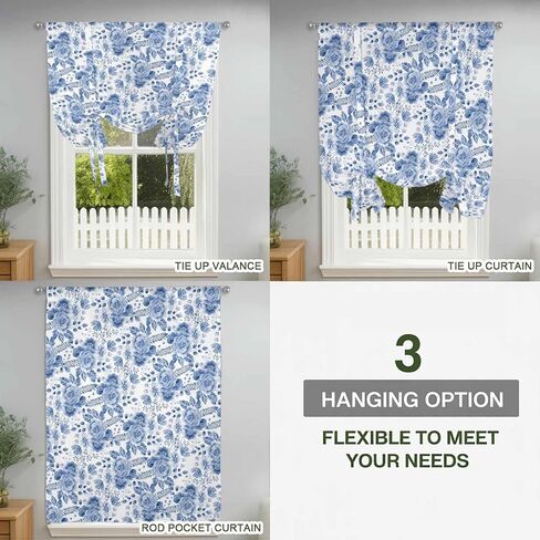 Blue Flower Tie Up Curtains for Window, Botanical Farmhouse Watercolor Floral Plant Thermal Insulated Balloon Shade Adjustable Rod Pocket Curtains Valance Panels for Kitchen Bathroom Café 34'' x 45'' in Saudi Arabia