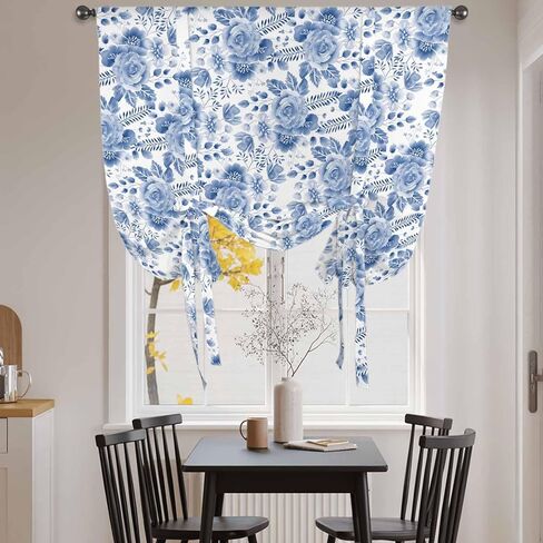 Blue Flower Tie Up Curtains for Window, Botanical Farmhouse Watercolor Floral Plant Thermal Insulated Balloon Shade Adjustable Rod Pocket Curtains Valance Panels for Kitchen Bathroom Café 34'' x 45'' in Saudi Arabia