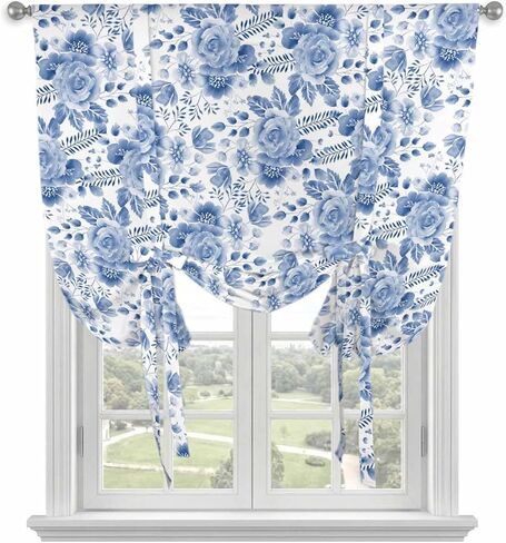 Blue Flower Tie Up Curtains for Window, Botanical Farmhouse Watercolor Floral Plant Thermal Insulated Balloon Shade Adjustable Rod Pocket Curtains Valance Panels for Kitchen Bathroom Café 34'' x 45'' in Saudi Arabia