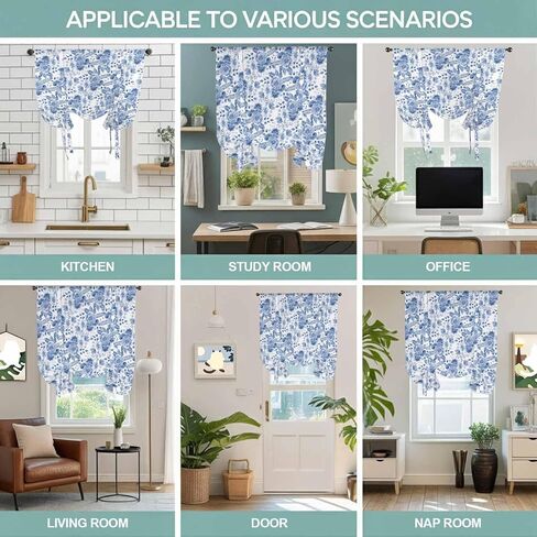 Blue Flower Tie Up Curtains for Window, Botanical Farmhouse Watercolor Floral Plant Thermal Insulated Balloon Shade Adjustable Rod Pocket Curtains Valance Panels for Kitchen Bathroom Café 34'' x 45'' in Saudi Arabia