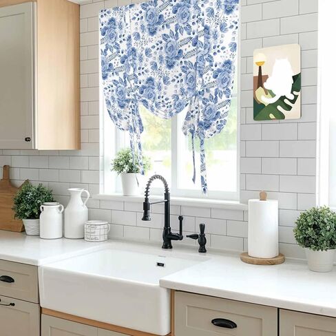 Blue Flower Tie Up Curtains for Window, Botanical Farmhouse Watercolor Floral Plant Thermal Insulated Balloon Shade Adjustable Rod Pocket Curtains Valance Panels for Kitchen Bathroom Café 34'' x 45'' in Saudi Arabia
