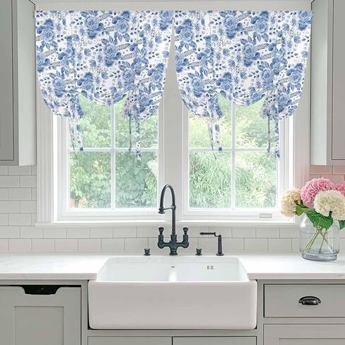 Blue Flower Tie Up Curtains for Window, Botanical Farmhouse Watercolor Floral Plant Thermal Insulated Balloon Shade Adjustable Rod Pocket Curtains Valance Panels for Kitchen Bathroom Café 34'' x 45'' in Saudi Arabia