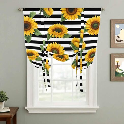Yellow Sunflowers Tie Up Curtains for Window, Spring Floral Black Stripes Farmhouse Thermal Insulated Balloon Shade Adjustable Rod Pocket Curtains Valance Panels for Kitchen Bathroom Café 52'' x 63'' in Saudi Arabia