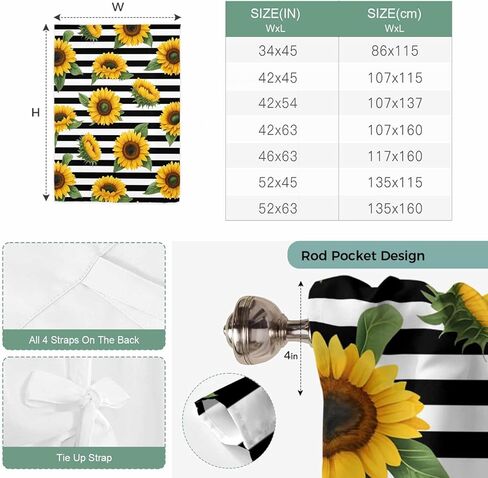 Yellow Sunflowers Tie Up Curtains for Window, Spring Floral Black Stripes Farmhouse Thermal Insulated Balloon Shade Adjustable Rod Pocket Curtains Valance Panels for Kitchen Bathroom Café 52'' x 63'' in Saudi Arabia