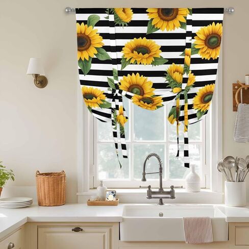 Yellow Sunflowers Tie Up Curtains for Window, Spring Floral Black Stripes Farmhouse Thermal Insulated Balloon Shade Adjustable Rod Pocket Curtains Valance Panels for Kitchen Bathroom Café 52'' x 63'' in Saudi Arabia