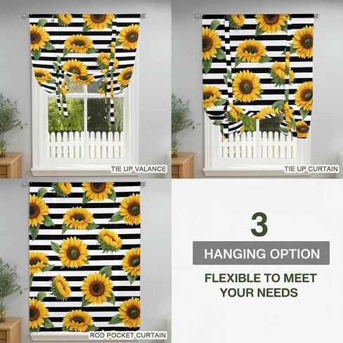 Yellow Sunflowers Tie Up Curtains for Window, Spring Floral Black Stripes Farmhouse Thermal Insulated Balloon Shade Adjustable Rod Pocket Curtains Valance Panels for Kitchen Bathroom Café 52'' x 63'' in Saudi Arabia