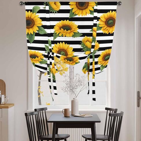 Yellow Sunflowers Tie Up Curtains for Window, Spring Floral Black Stripes Farmhouse Thermal Insulated Balloon Shade Adjustable Rod Pocket Curtains Valance Panels for Kitchen Bathroom Café 52'' x 63'' in Saudi Arabia