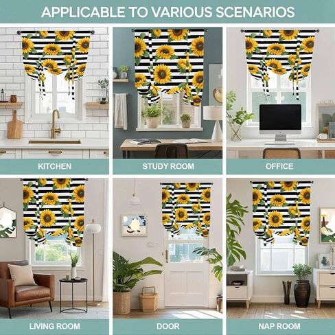 Yellow Sunflowers Tie Up Curtains for Window, Spring Floral Black Stripes Farmhouse Thermal Insulated Balloon Shade Adjustable Rod Pocket Curtains Valance Panels for Kitchen Bathroom Café 52'' x 63'' in Saudi Arabia