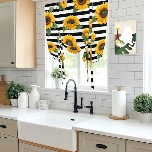 Yellow Sunflowers Tie Up Curtains for Window, Spring Floral Black Stripes Farmhouse Thermal Insulated Balloon Shade Adjustable Rod Pocket Curtains Valance Panels for Kitchen Bathroom Café 52'' x 63'' in Saudi Arabia