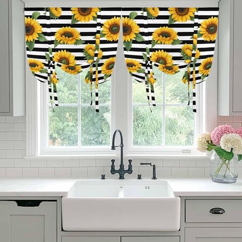 Yellow Sunflowers Tie Up Curtains for Window, Spring Floral Black Stripes Farmhouse Thermal Insulated Balloon Shade Adjustable Rod Pocket Curtains Valance Panels for Kitchen Bathroom Café 52'' x 63'' in Saudi Arabia