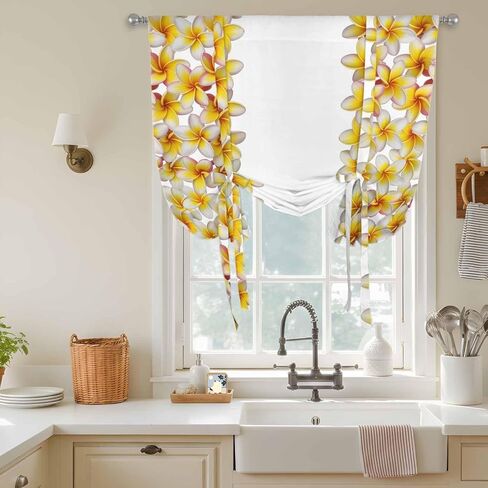 Yellow Floral Tie Up Curtains for Window, Pastoral Flowers Elegant Art Botanical Thermal Insulated Balloon Shade Adjustable Rod Pocket Curtains Valance Panels for Kitchen Bathroom Café 42'' x 54'' in Saudi Arabia