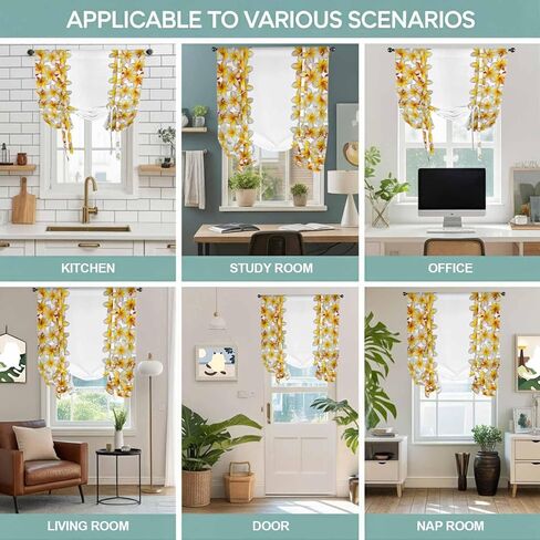 Yellow Floral Tie Up Curtains for Window, Pastoral Flowers Elegant Art Botanical Thermal Insulated Balloon Shade Adjustable Rod Pocket Curtains Valance Panels for Kitchen Bathroom Café 42'' x 54'' in Saudi Arabia