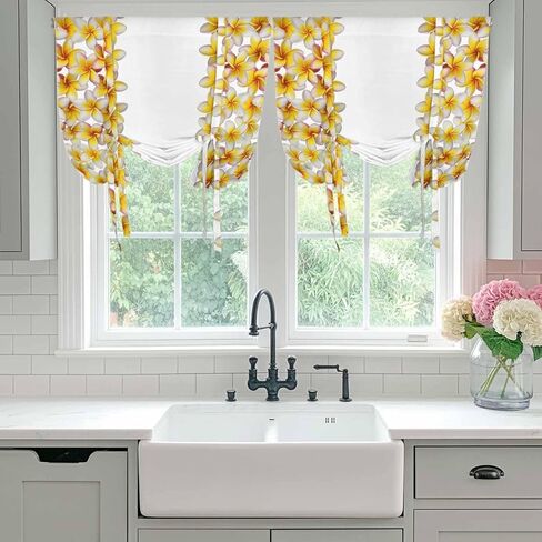 Yellow Floral Tie Up Curtains for Window, Pastoral Flowers Elegant Art Botanical Thermal Insulated Balloon Shade Adjustable Rod Pocket Curtains Valance Panels for Kitchen Bathroom Café 42'' x 54'' in Saudi Arabia