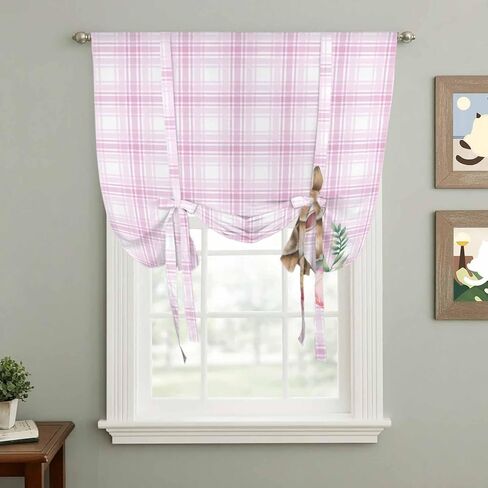 Pink Easter Tie Up Curtains for Window, Bunny Eggs Spring Floral Stripes Farmhouse Thermal Insulated Balloon Shade Adjustable Rod Pocket Curtains Valance Panels for Kitchen Bathroom Café 52'' x 45'' in Saudi Arabia