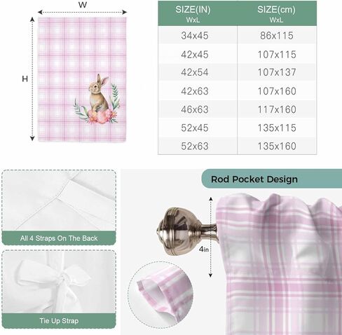Pink Easter Tie Up Curtains for Window, Bunny Eggs Spring Floral Stripes Farmhouse Thermal Insulated Balloon Shade Adjustable Rod Pocket Curtains Valance Panels for Kitchen Bathroom Café 52'' x 45'' in Saudi Arabia