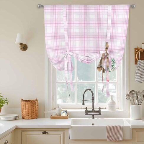 Pink Easter Tie Up Curtains for Window, Bunny Eggs Spring Floral Stripes Farmhouse Thermal Insulated Balloon Shade Adjustable Rod Pocket Curtains Valance Panels for Kitchen Bathroom Café 52'' x 45'' in Saudi Arabia