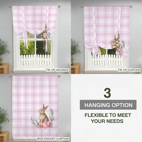 Pink Easter Tie Up Curtains for Window, Bunny Eggs Spring Floral Stripes Farmhouse Thermal Insulated Balloon Shade Adjustable Rod Pocket Curtains Valance Panels for Kitchen Bathroom Café 52'' x 45'' in Saudi Arabia