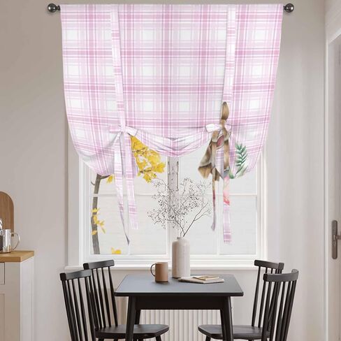 Pink Easter Tie Up Curtains for Window, Bunny Eggs Spring Floral Stripes Farmhouse Thermal Insulated Balloon Shade Adjustable Rod Pocket Curtains Valance Panels for Kitchen Bathroom Café 52'' x 45'' in Saudi Arabia