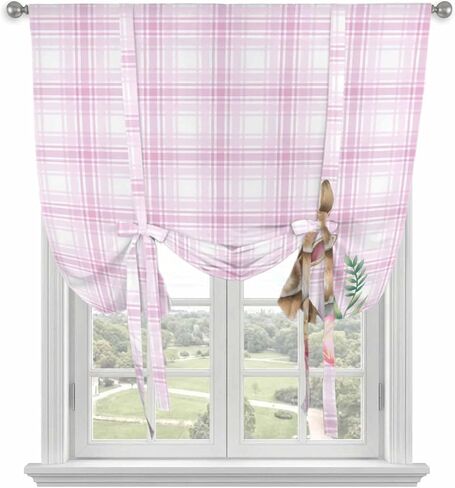 Pink Easter Tie Up Curtains for Window, Bunny Eggs Spring Floral Stripes Farmhouse Thermal Insulated Balloon Shade Adjustable Rod Pocket Curtains Valance Panels for Kitchen Bathroom Café 52'' x 45'' in Saudi Arabia