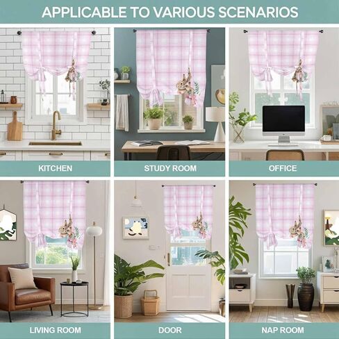 Pink Easter Tie Up Curtains for Window, Bunny Eggs Spring Floral Stripes Farmhouse Thermal Insulated Balloon Shade Adjustable Rod Pocket Curtains Valance Panels for Kitchen Bathroom Café 52'' x 45'' in Saudi Arabia