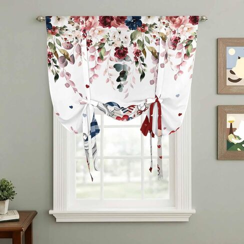 Pink Valentine's Day Tie Up Curtains for Window, Spring Floral Gifts Eucalyptus Leaves Thermal Balloon Shade Adjustable Rod Pocket Curtains Valance Panels for Kitchen Bathroom Café 42'' x 63'' in Saudi Arabia