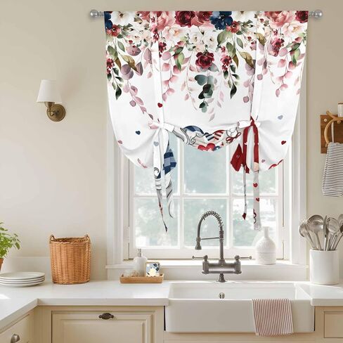 Pink Valentine's Day Tie Up Curtains for Window, Spring Floral Gifts Eucalyptus Leaves Thermal Balloon Shade Adjustable Rod Pocket Curtains Valance Panels for Kitchen Bathroom Café 42'' x 63'' in Saudi Arabia
