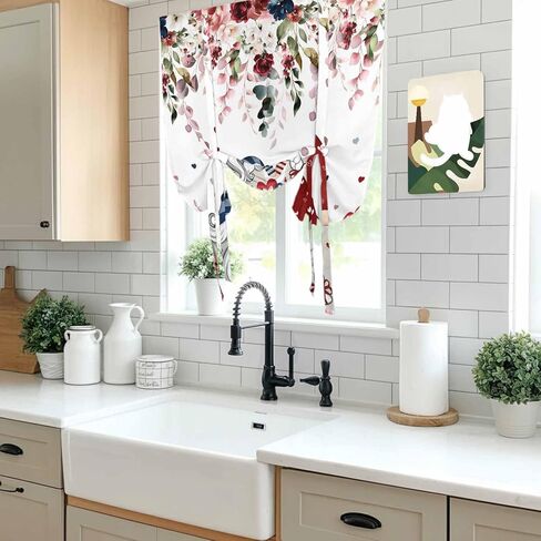 Pink Valentine's Day Tie Up Curtains for Window, Spring Floral Gifts Eucalyptus Leaves Thermal Balloon Shade Adjustable Rod Pocket Curtains Valance Panels for Kitchen Bathroom Café 42'' x 63'' in Saudi Arabia