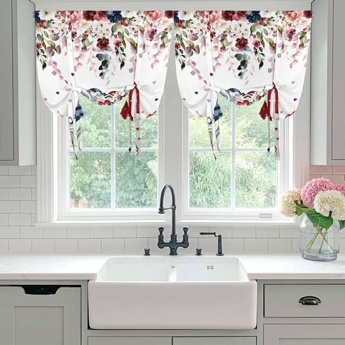 Pink Valentine's Day Tie Up Curtains for Window, Spring Floral Gifts Eucalyptus Leaves Thermal Balloon Shade Adjustable Rod Pocket Curtains Valance Panels for Kitchen Bathroom Café 42'' x 63'' in Saudi Arabia