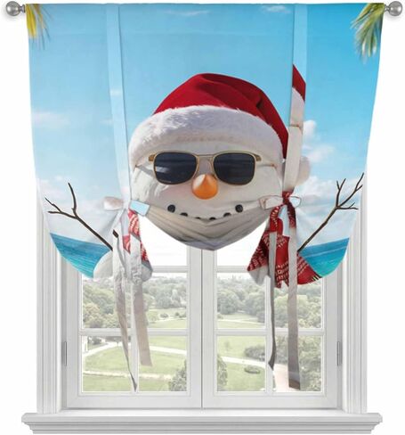 ستائر مربوطة لعيد الميلاد الساحلي للنافذة، ستائر عيد الميلاد الشاطئية ورجل الثلج المحيط وعطلة المحيط الحرارية المعزولة بالون الظل قابل للتعديل وجيب قضيب ستائر الستارة للمطبخ والحمام والمقهى 42 بوصة × 63 بوصة in Saudi Arabia