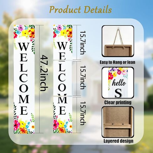Vertical Wood Welcome Sign for Front Porch Vertical Decorative Sign Front Door Outdoor Indoor Welcome Sign 47.2x7.8 Inch Welcome Flower Outdoor Decor for Spring Front Porch Decorations in Saudi Arabia