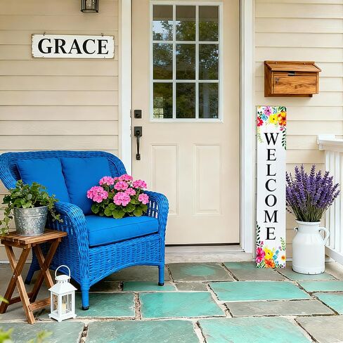 Vertical Wood Welcome Sign for Front Porch Vertical Decorative Sign Front Door Outdoor Indoor Welcome Sign 47.2x7.8 Inch Welcome Flower Outdoor Decor for Spring Front Porch Decorations in Saudi Arabia
