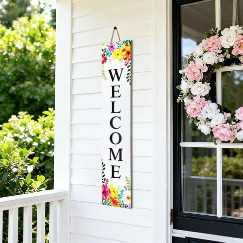 Vertical Wood Welcome Sign for Front Porch Vertical Decorative Sign Front Door Outdoor Indoor Welcome Sign 47.2x7.8 Inch Welcome Flower Outdoor Decor for Spring Front Porch Decorations in Saudi Arabia