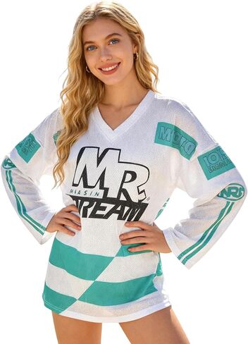 Suillty Women's Contrast Letter Print Long Sleeve Loose T-Shirt Y2k V-Neck Oversized Shirt Dress in Kuwait