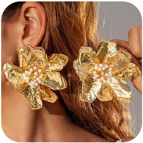 Statement Pearl Large Metal Flower Gold Earrings for Women, Unique Exaggerated Pearls Big Floral Stud Earring Trendy Cocktail Party Prom Jewelry Gift in Kuwait